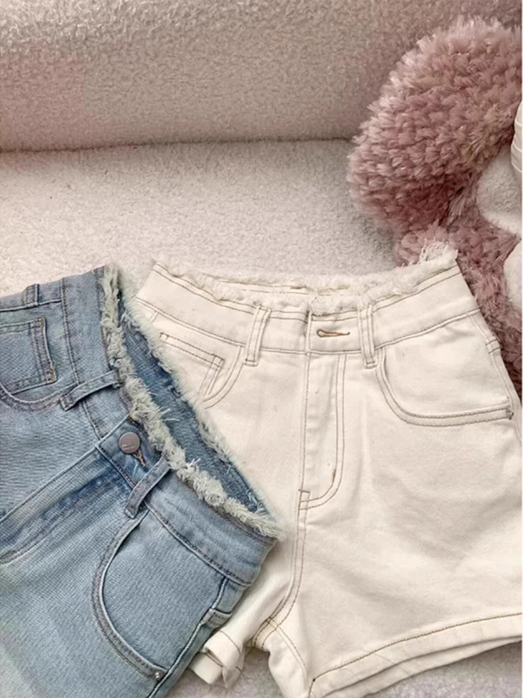 Lace Bow Denim Shorts Women's Summer New High Waisted Large Size Short Jeans Trend Raw Edge Spicy Girl High Street Hot Pant PlatiNum