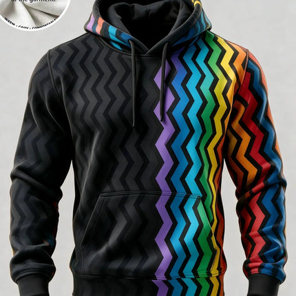 3D Printed Fleece Hoodie Rainbow Zigzag Wave Pattern Pullover Long Sleeve Kangaroo Pocket Casual Sweatshirt Tops