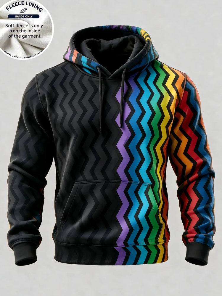 3D Printed Fleece Hoodie Rainbow Zigzag Wave Pattern Pullover Long Sleeve Kangaroo Pocket Casual Sweatshirt Tops