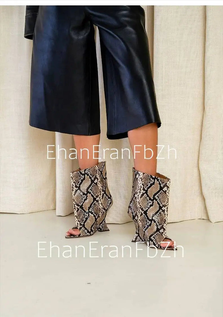2025Ladies' Spring and Summer New Fish Mouth Slope High Heel Knee Boots, Fashionable Pointed Fashion Show Medium Cool Boots PlatiNum