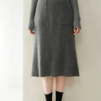 Yoyoselect 100% Cashmere Women's Skirts Autumn Winter Mid Calf Length Knitted Skirt Soft Versatile Quality OL Skirts Clothing PlatiNum