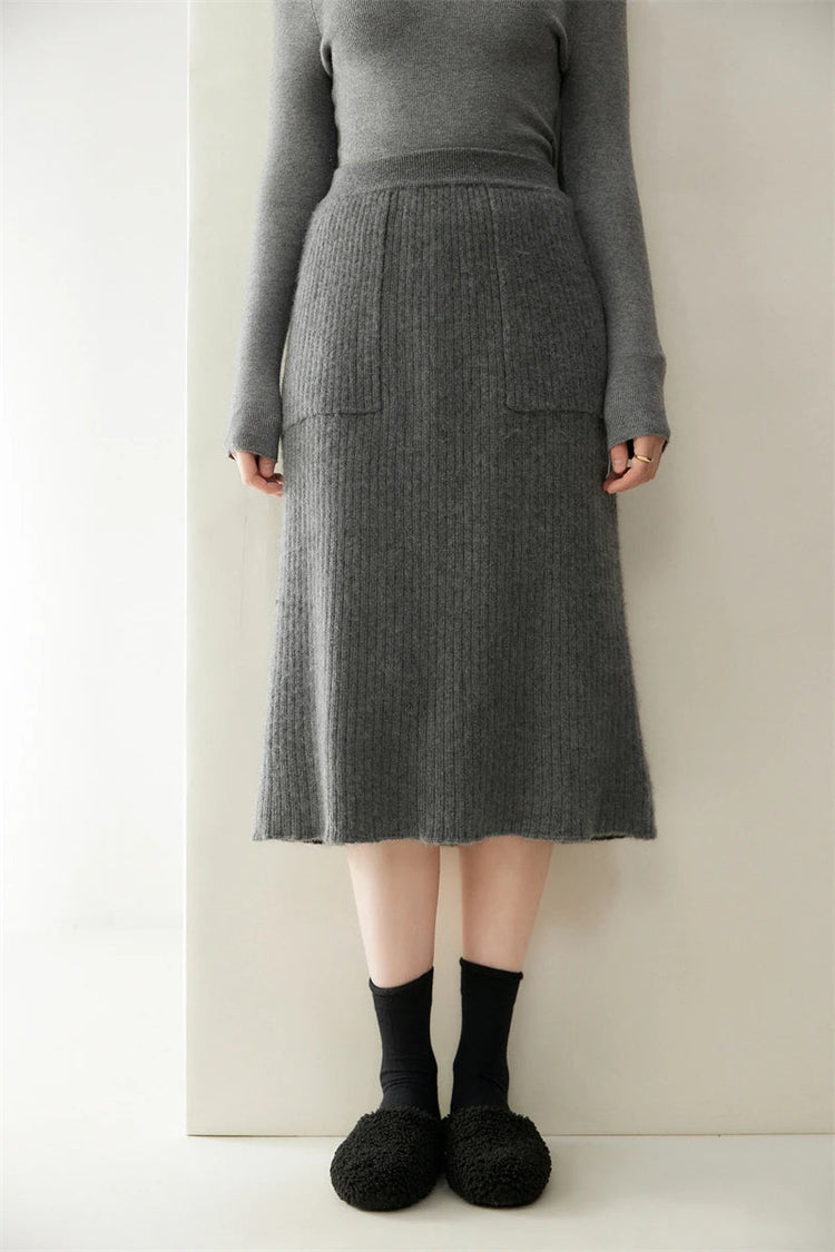 Yoyoselect 100% Cashmere Women's Skirts Autumn Winter Mid Calf Length Knitted Skirt Soft Versatile Quality OL Skirts Clothing PlatiNum