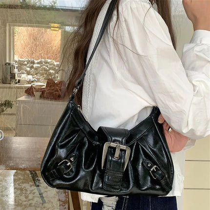Y2K Vintage Distressed Leather Women Bag Shoulder Bag Maillard Style Underarm Purse Two Tone Crossbody Bag for Women PlatiNum