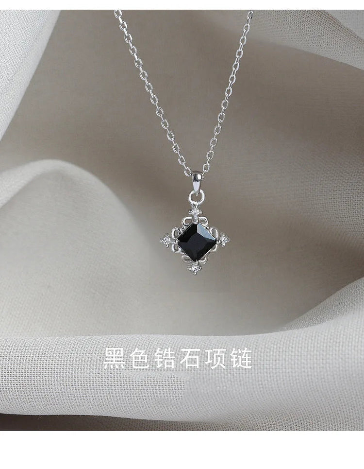 VOQ Silver Color Black Square Necklace Women's Fashion Temperament Birthday Student Friendship Gift Jewelry Necklace for Women PlatiNum