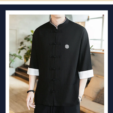 Camicia stile cinese da uomo Tang Suit Lino Kung Fu Cardigan maschile allentato Top Ricamo retrò Camicie kimono samurai giapponesi Streetwear