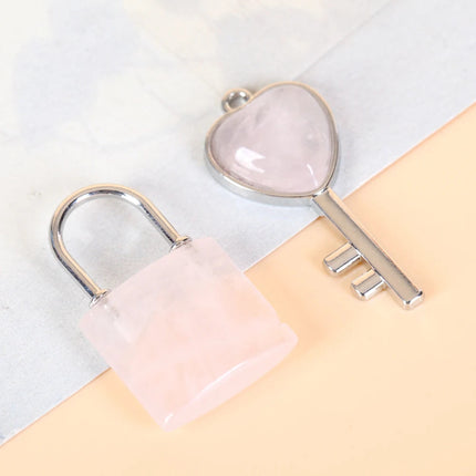 1 Set Natural Crystal Couple Lock Necklace Pendant Set Heart Shaped Key Piece Pink Crystal Amethyst Tiger Eye Stone Lock PlatiNum
