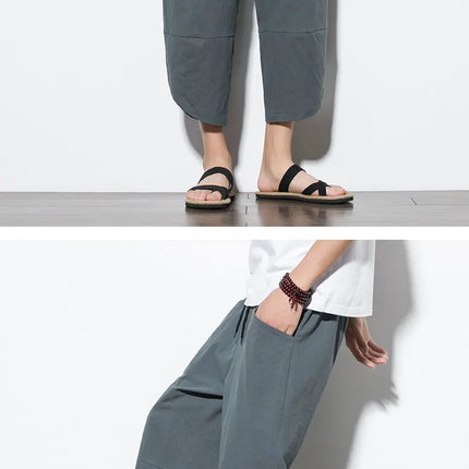 Pantaloni Estivi da Uomo 2026 Stile Cinese in Cotone e Lino, Pantaloni Harem Traspiranti da Spiaggia, Pantaloni Casual a Tre Quarti, Streetwear