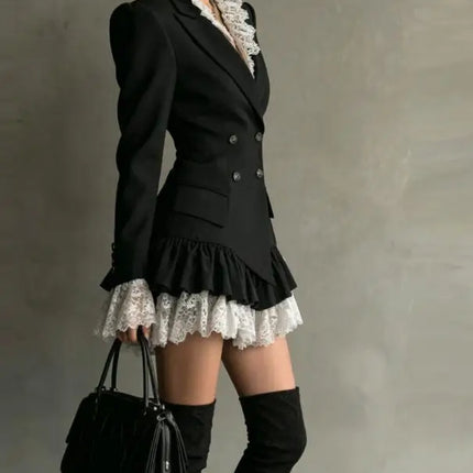 Chic Patchwork Lace Blazer Dress Women Autumn Winter Commute Lapel Long Sleeve Slim Fit Mini Dresses Double Breasted Suit Dress