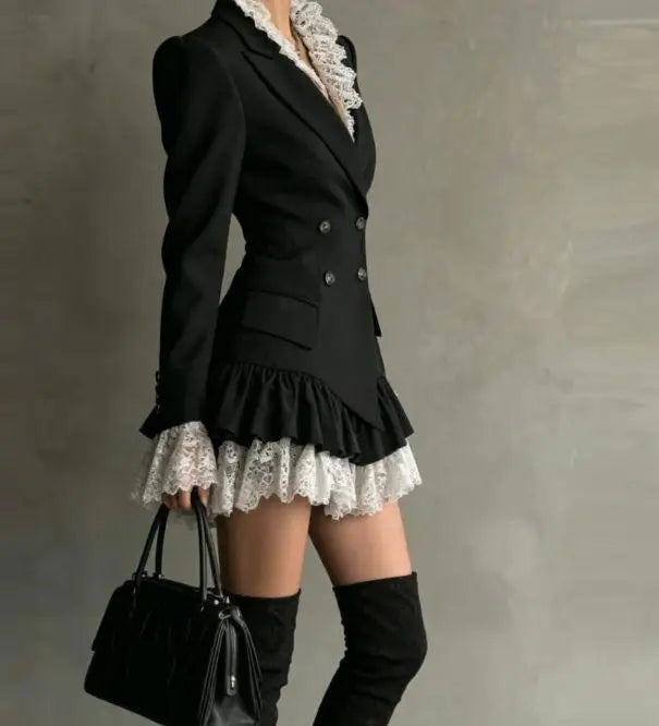Chic Patchwork Lace Blazer Dress Women Autumn Winter Commute Lapel Long Sleeve Slim Fit Mini Dresses Double Breasted Suit Dress