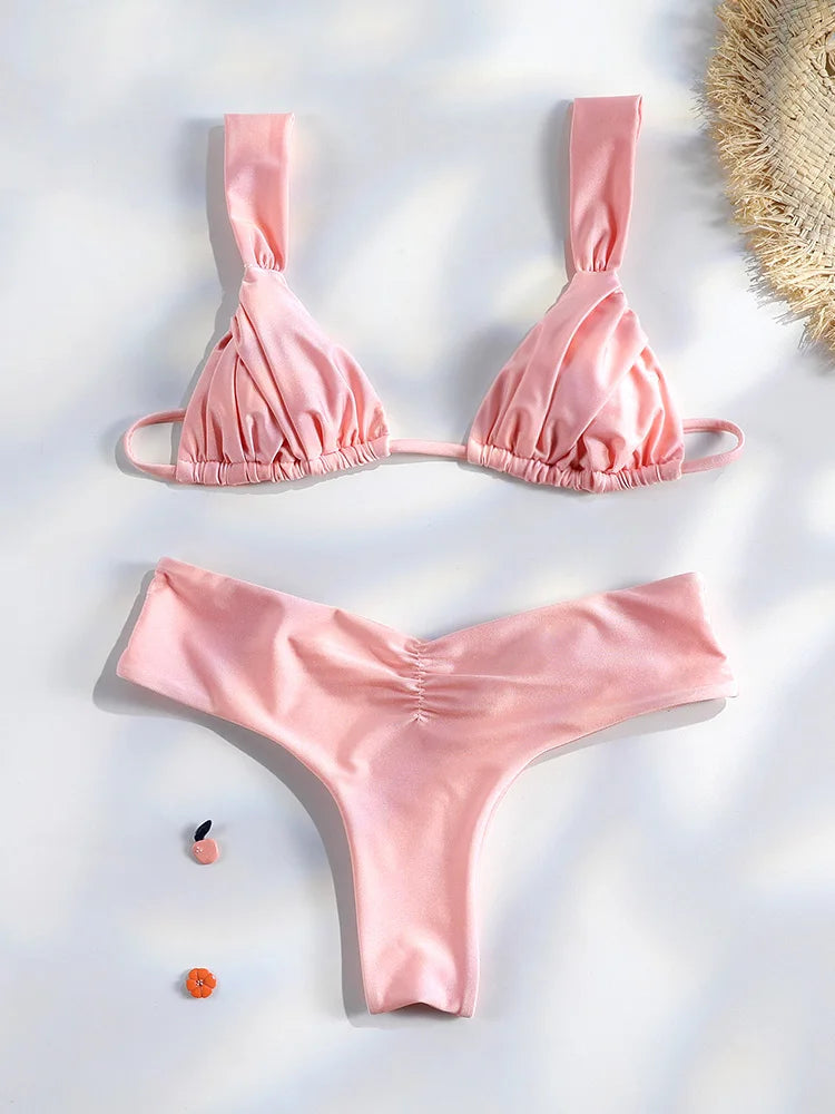 Costume da bagno bikini con pieghe sexy Micro bikini solido Costume da bagno donna Triangolo femminile Costume da bagno da spiaggia platinumshop