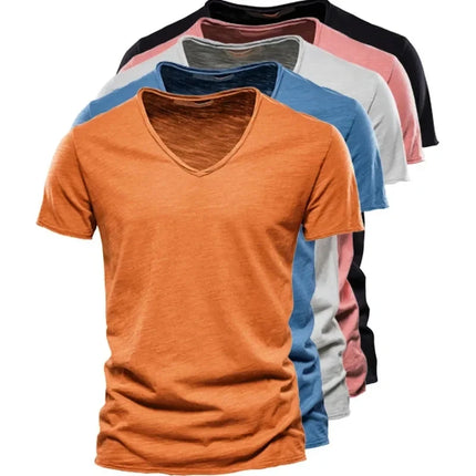 2025 New Brand Quality 100% Cotton Men's V-Neck T-Shirt Fashion Design Slim Fit Men's T-Shirt Top Tees Short Sleeve Men T Shirt