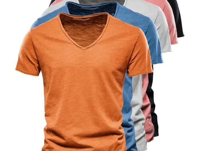 2025 New Brand Quality 100% Cotton Men's V-Neck T-Shirt Fashion Design Slim Fit Men's T-Shirt Top Tees Short Sleeve Men T Shirt