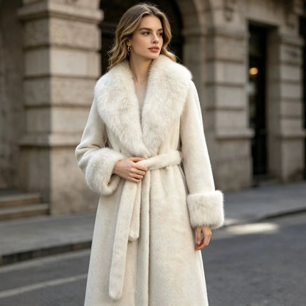 Women's Winter Trench Coat with Large Lapels, Faux Fox Fur Long Coat, Over-the-Knee Jacket