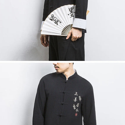 Camicie a maniche lunghe da uomo Ricamo tradizionale in cotone e lino Casual Tang Suit Cardigan da uomo Camicette Kung Fu retrò stile cinese da uomo
