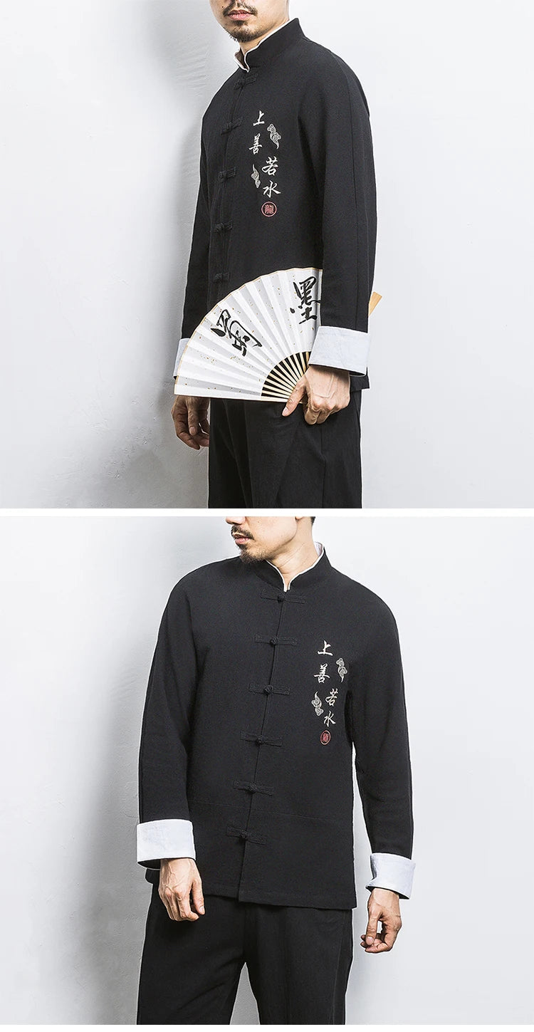 Camicie a maniche lunghe da uomo Ricamo tradizionale in cotone e lino Casual Tang Suit Cardigan da uomo Camicette Kung Fu retrò stile cinese da uomo