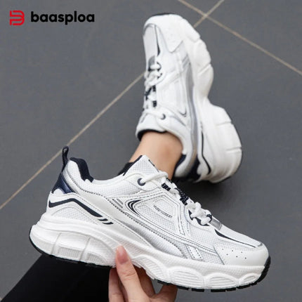 Baasploa Women Running Shoes Lightweight Breathable Sport Shoes Female Comfort White Casual Sneakers Height Increase Cushioning PlatiNum