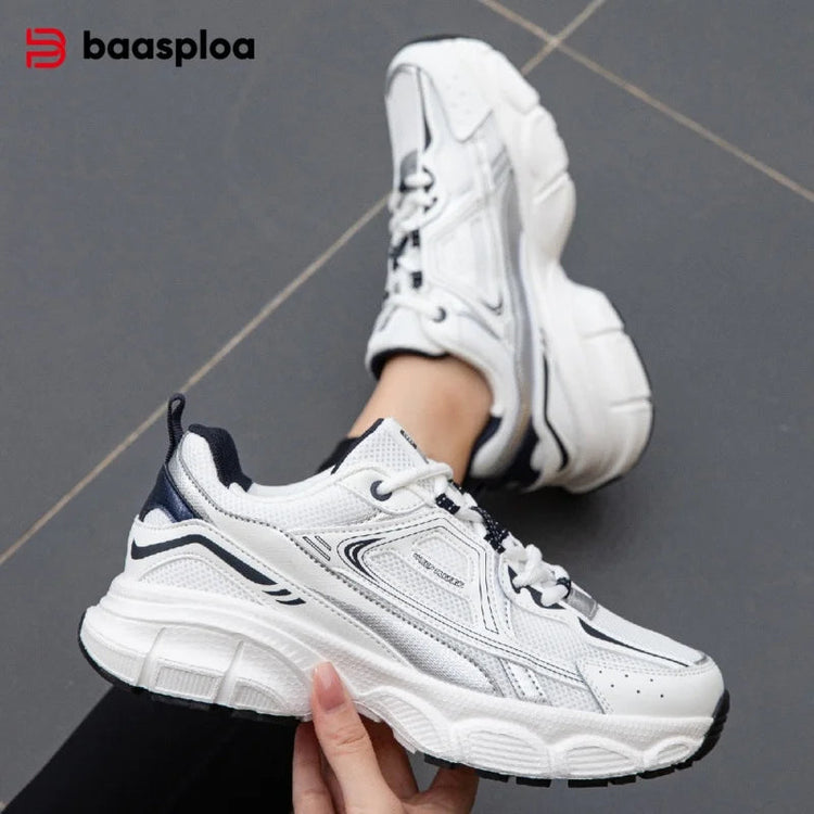Baasploa Women Running Shoes Lightweight Breathable Sport Shoes Female Comfort White Casual Sneakers Height Increase Cushioning PlatiNum