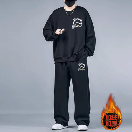 2pcs Set Men's Sweatshirts Pants Plus Size Fleece-lined Tops Sports Jogging Trousers Fashion Casual Pullover Hoodies Sweatpants PlatiNum