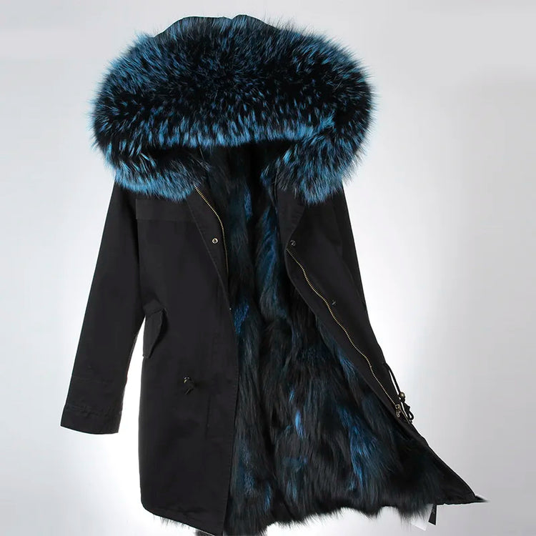 Winter Long Jacket Real Fur Coat Women Clothes Large Silver Fox Fur Collar Detachable Natural Fox Lining Parkas Leather Fur