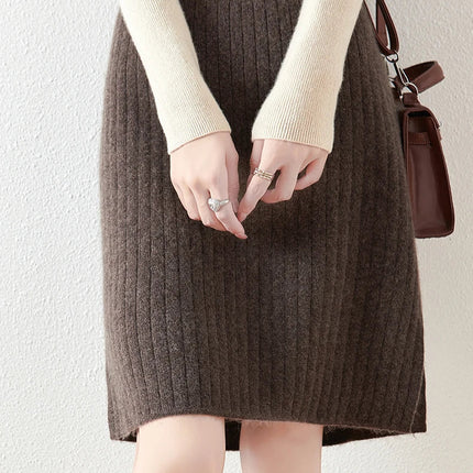 100% Wool Drawstring Skirt For Women's Autumn Winter Solid Color Slim Fit Elastic UltraShort Mini Waist Knitted Skirt PlatiNum