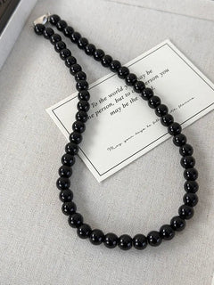Collana con perline in vetro nero da 6, 8, 10 mm Minar Simple per donna, girocollo con chiusura a T placcata argento, pendenti