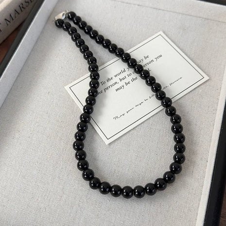 Collana con perline in vetro nero da 6, 8, 10 mm Minar Simple per donna, girocollo con chiusura a T placcata argento, pendenti PlatiNum