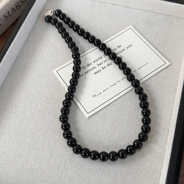 Collana con perline in vetro nero da 6, 8, 10 mm Minar Simple per donna, girocollo con chiusura a T placcata argento, pendenti PlatiNum