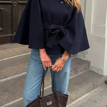 Elegant Wool Blend Cropped Coat With Belt For Women Chic Stand Collar Button Three Quarter Sleeve Jacket 2025 Autumn Outerwear