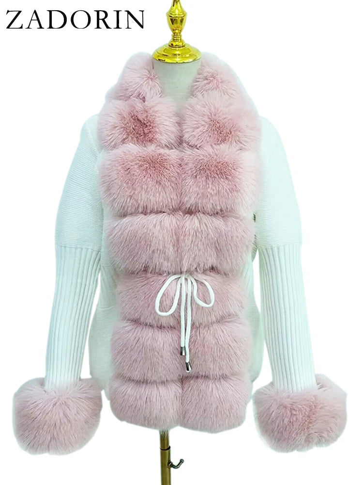 ZADORIN Luxury Fur Cardigan Knit Winter Sweater Women Elegant Detachable Fur Belt White Pink Black Womens Cardigan Korea Style