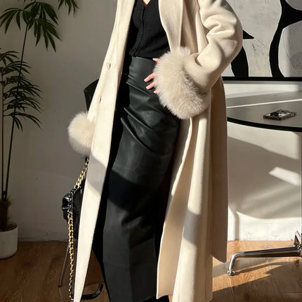 Autumn Winter Korean High-end Real Fox Fur Sleeves Women Black Slim Fit Waist Cinched Double-sided Wool Coat Long Woolen Coat