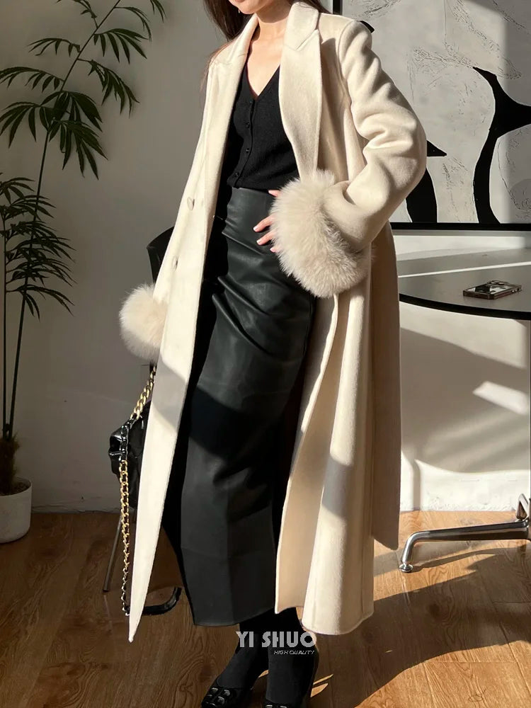 Autumn Winter Korean High-end Real Fox Fur Sleeves Women Black Slim Fit Waist Cinched Double-sided Wool Coat Long Woolen Coat