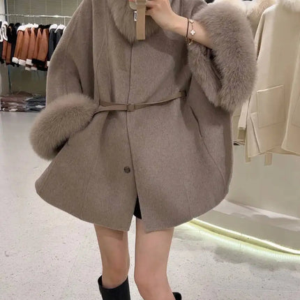 UCXQ Korean Style Two Sided Cloak Overcoat For Women Fur Collars Belt Loose Long Coats 2025 Winter New 23Z2284