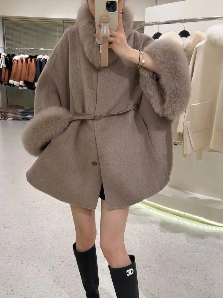 UCXQ Korean Style Two Sided Cloak Overcoat For Women Fur Collars Belt Loose Long Coats 2025 Winter New 23Z2284
