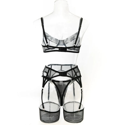 Luxury Dark Style 4Pcs Women's Lingerie Set Push-up Underwire Bra Garter Belt Thong Panty Stocking Erotic Intimate Outfits