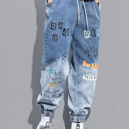 Men's Distressed Denim Pants Cuffed, Artistic Gradient Harem Jeans, Oversized Hip Hop Trousers for Spring Fall Versatile Outfits PlatiNum