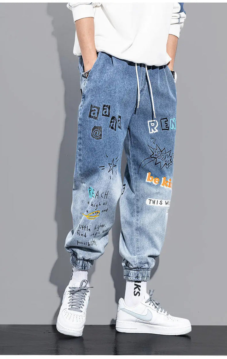 Men's Distressed Denim Pants Cuffed, Artistic Gradient Harem Jeans, Oversized Hip Hop Trousers for Spring Fall Versatile Outfits PlatiNum