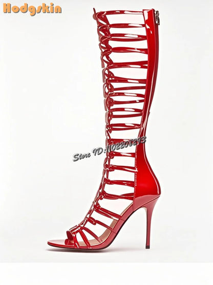 Retro Buckle Strap Roman Sandals Open Toe Back Zip Stiletto Knee-high Summer Boots 2026 New Fashion High Heeled Women Shoes