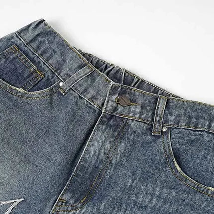 Spider web denim shorts coppia American high street dritto gamba larga hip-hop bello retrò allentato casual nuovi pantaloni a cinque quarti