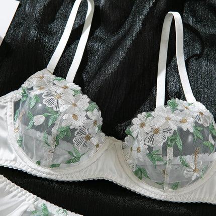 Elegant White Floral Embroidered Sheer Lace Lingerie Set Strappy Underwire Bra Garter Belt Thong Intimate Nightwear Apparel Lady
