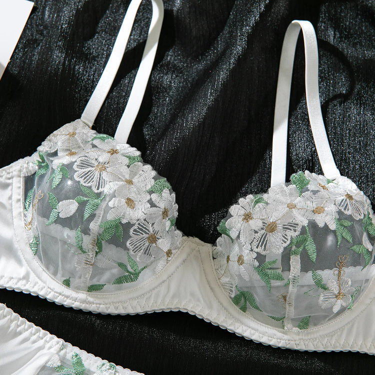 Elegant White Floral Embroidered Sheer Lace Lingerie Set Strappy Underwire Bra Garter Belt Thong Intimate Nightwear Apparel Lady