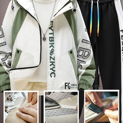 Winter Warm Hooded patchwork Jacket+Pant 2-piece Set Men Set Sports Suit Fleece Thickened Sportswear Casual Men Tracksuit