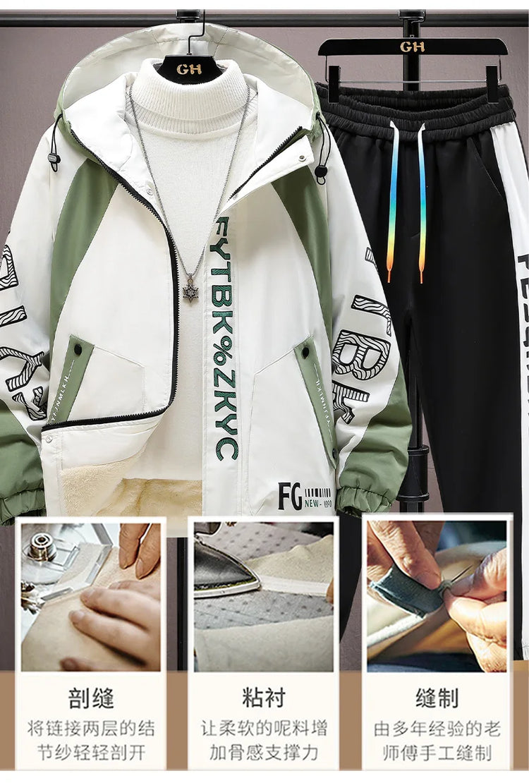 Winter Warm Hooded patchwork Jacket+Pant 2-piece Set Men Set Sports Suit Fleece Thickened Sportswear Casual Men Tracksuit