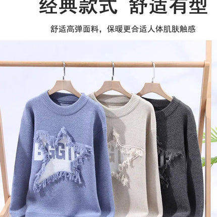 Edgy Star Fringe Knit Sweater – Distressed Lettering Crewneck for Men