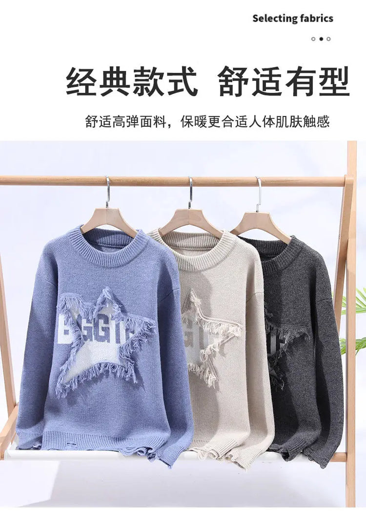 Edgy Star Fringe Knit Sweater – Distressed Lettering Crewneck for Men