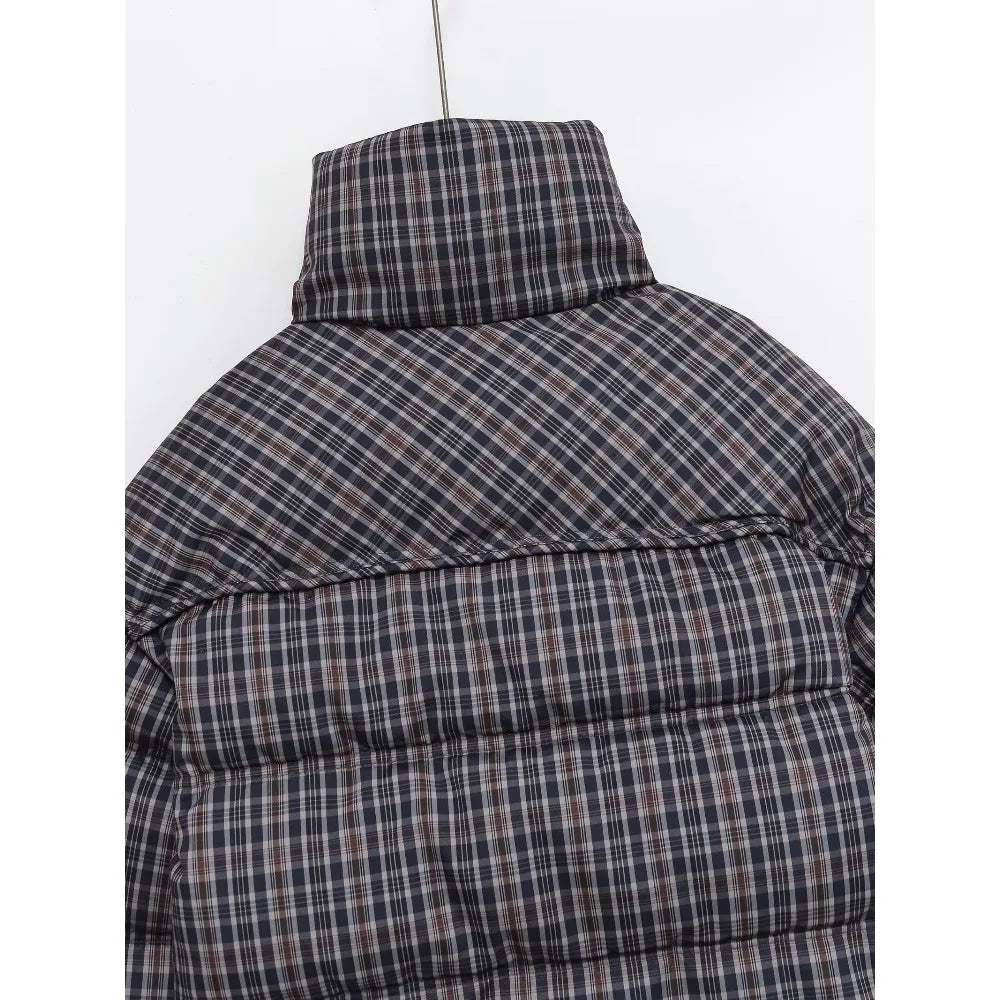 New in Winter High Neck Long Sleeves Zippered Coats for Women Brown Plaid Puffer Anorak with Adjustable Hem Comfy Padded Jackets