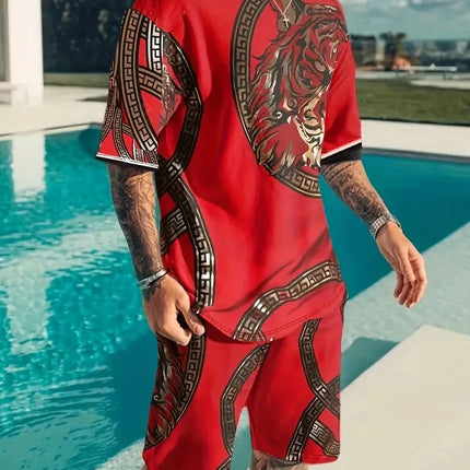 New Men's Two-Piece Suit Fashion Scottish Print Summer O-neck Short Sleeve Polo + Shorts Men's Two-Piece Set