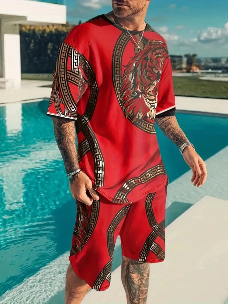 Nuovo vestito da uomo in due pezzi con stampa scozzese moda estate O-colletto Polo a maniche corte + pantaloncini abito da uomo in due pezzi