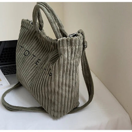 Large Capacity Striped Velvet Handbag Shoulder Bag for Woman Handbags Crossbody Bags, Versatile Letter Corduroy Women's Tote Bag PlatiNum