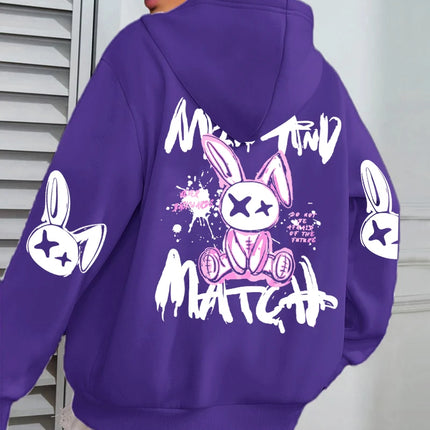 Mix And Match Cartoon Rabbit Prints Women Hoodie Pocket Streetwear Harajuku Loose Hoody All-Match Fleece Female Clothing