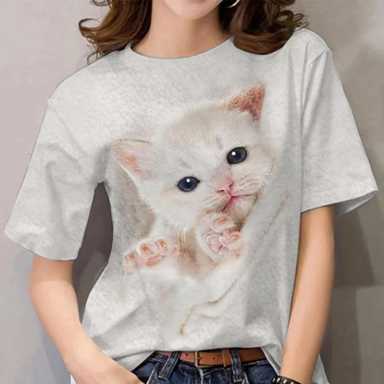 Maglietta modello gatto carino per donna Pet Animal 3D stampato maniche corte Tees estate Casual T-Shirt larghe Streetwear o-collo top